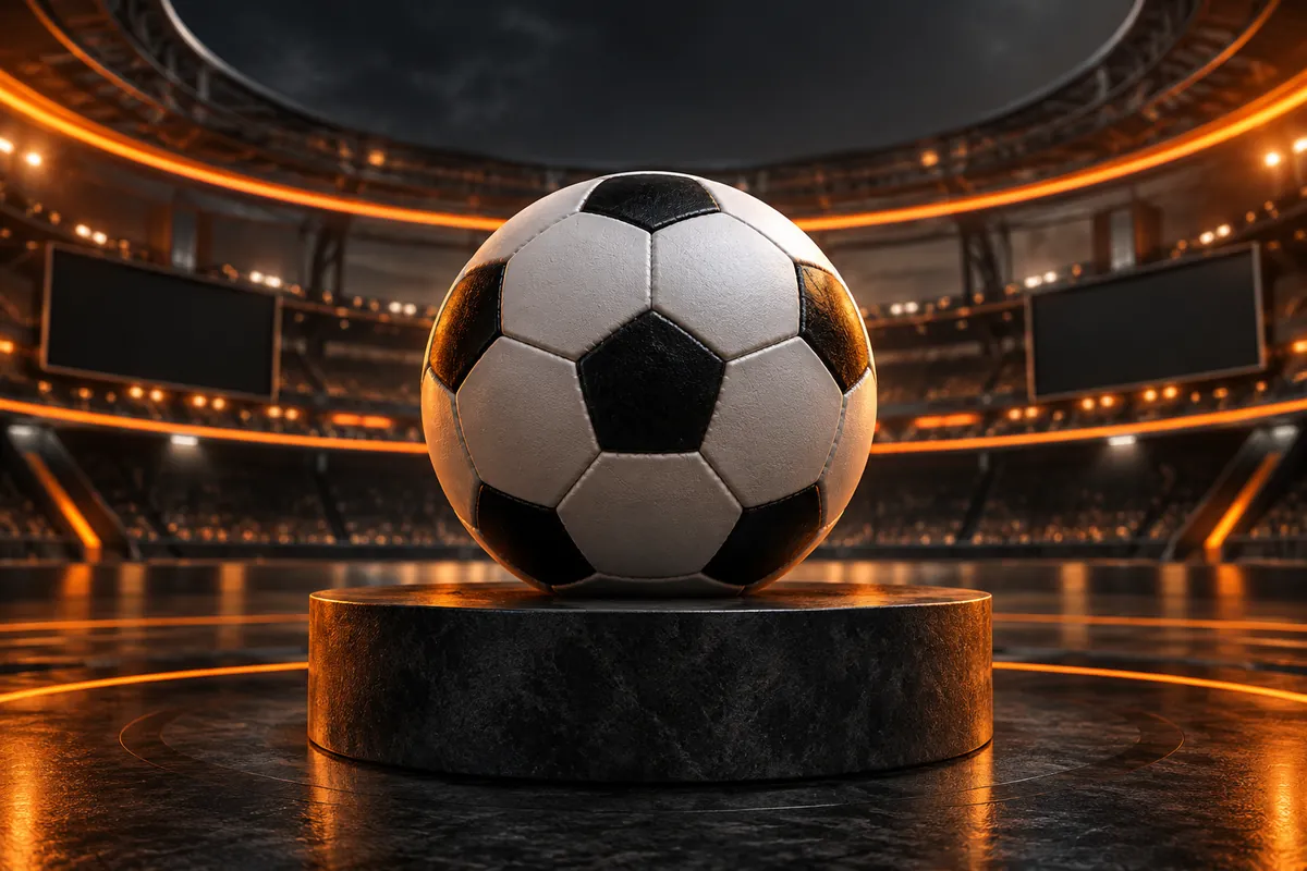 Minge de fotbal pe un podium iluminat în portocaliu